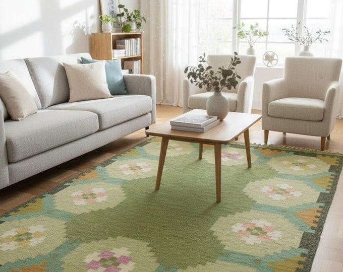 Handmade Green Kilim Rug, Wool Flat Weave Durrie, Floral Geometric Area Rug, Scandinavian Boho Rug for Living Room Bedroom