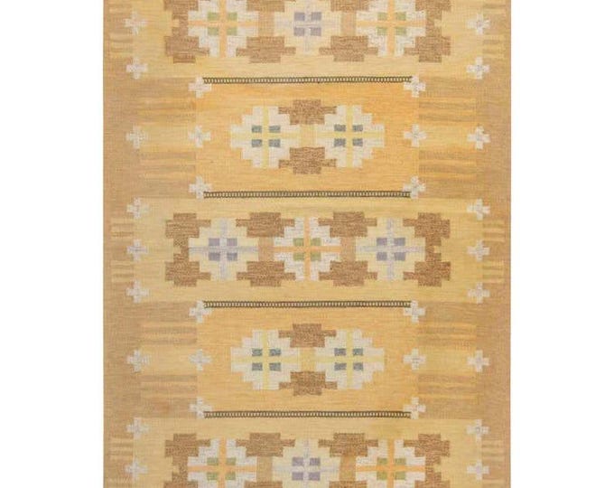 Handmade Golden Kilim Rug, Wool Flat Weave Durrie, Floral Geometric Area Rug, Scandinavian Boho Rug for Living Room Bedroom Swedish decor