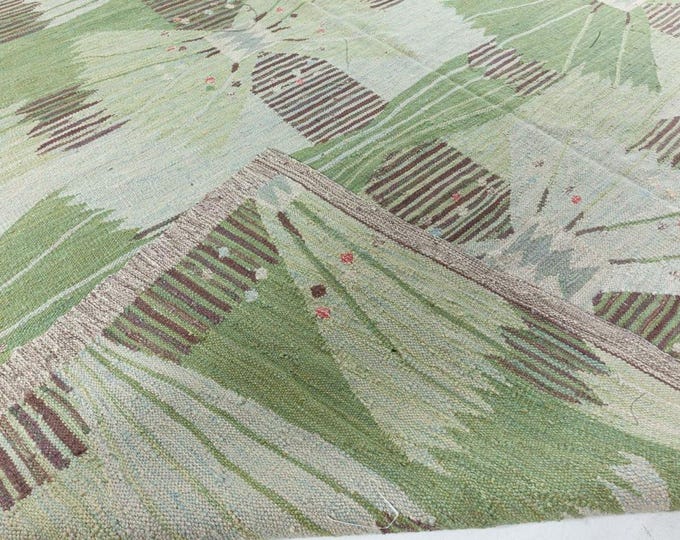 Handmade Green Kilim Rug, Wool Flat Weave Durrie, Floral Geometric Area Rug, Scandinavian Boho Rug for Living Room Bedroom Swedish decor