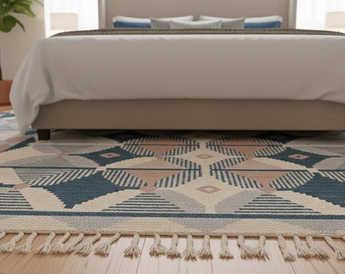 Handwoven Blue Kilim Rug, Vintage Style Flat Weave Area Rug, Boho Scandinavian Carpet, Living Room Hallway Rug