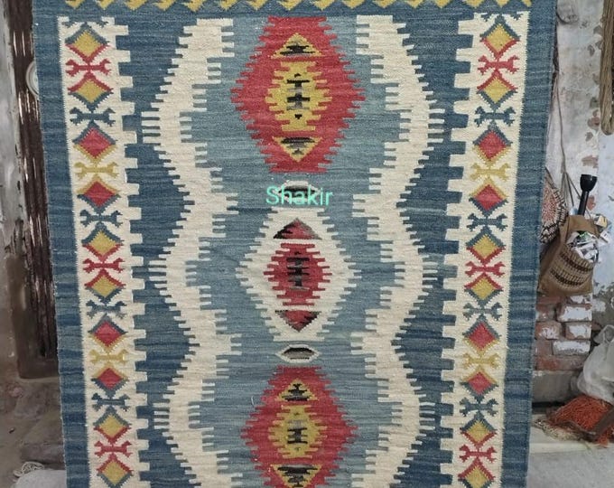 Handwoven Blue Kilim Rug – Modern Geometric Flatweave Carpet