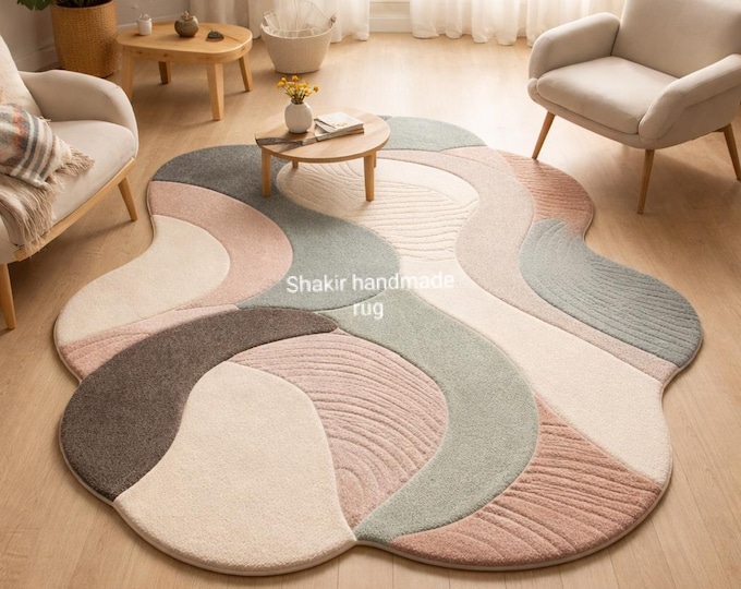 Handmade Wool Tufted Rug, Irregular Abstract Shapes, Modern Living Room rug.