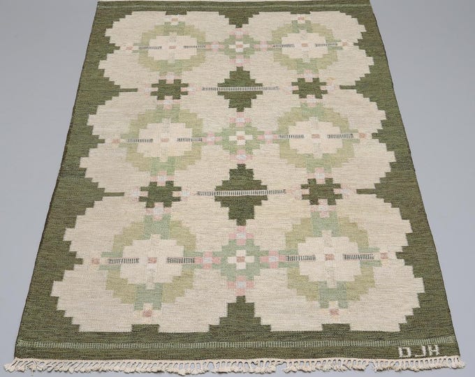 Handmade Beige Kilim Rug, Wool Flat Weave Durrie, Floral Geometric Area Rug, Scandinavian Boho Rug for Living Room Bedroom
