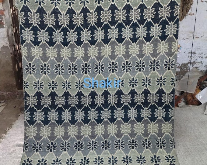 Handwoven Blue and Green Kilim Rug – Modern Geometric Flatweave Carpet