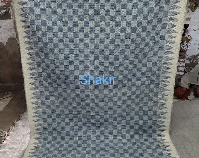 Costume size Handwoven Blue, White Kilim Rug – Modern Geometric Flatweave Carpet