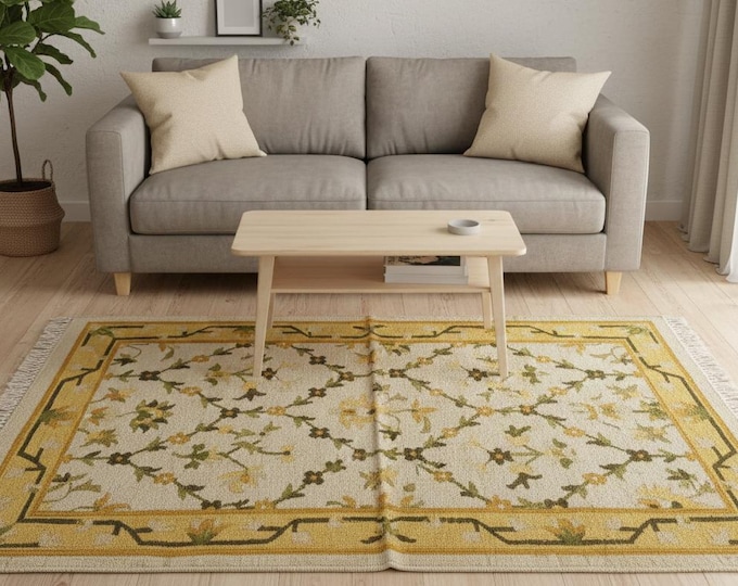 Handmade yellow Kilim Rug, Wool Flat Weave Durrie, Floral Art  Area Rug, Scandinavian Boho Rug for Living Room Bedroom Swedish House decor