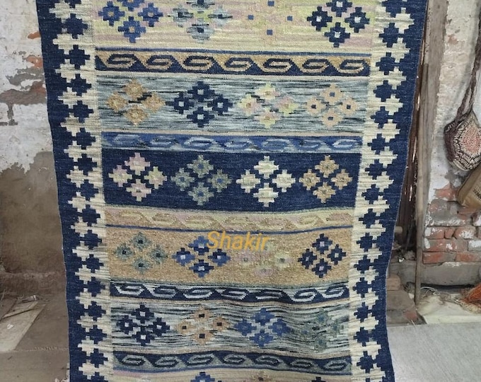 Handwoven Blue Kilim Rugs – Modern Geometric Flat weave Carpet for  living room or bedroom.