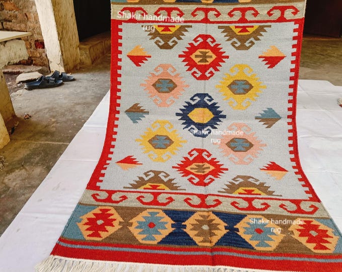 Handmade Kilim Wool Rug: Boho Tribal Geometric Area Rug