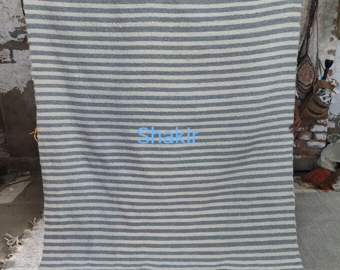 Light Blue stripe pattern Handwoven White Kilim Rug – Modern  Flatweave Carpet.