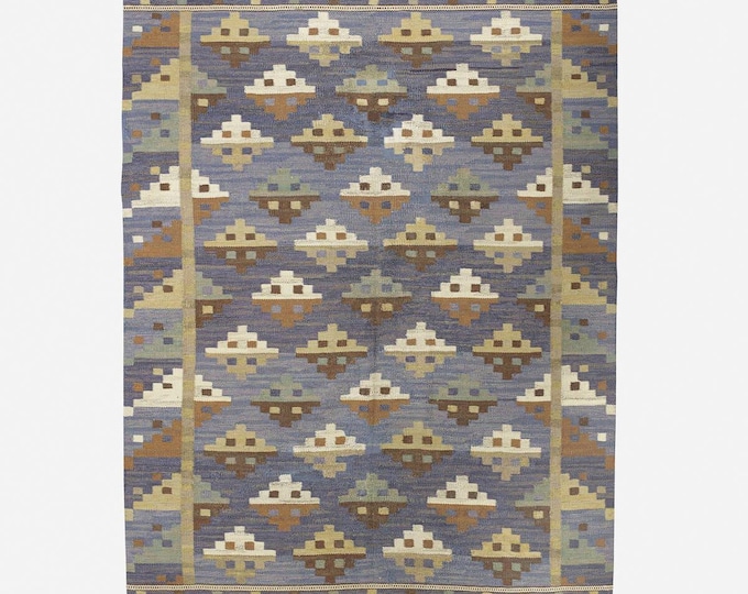 Handmade Blue Kilim Rug, Wool Flat Weave Durrie, Floral Geometric Area Rug, Scandinavian Boho Rug for Living Room Bedroom Swedish decor