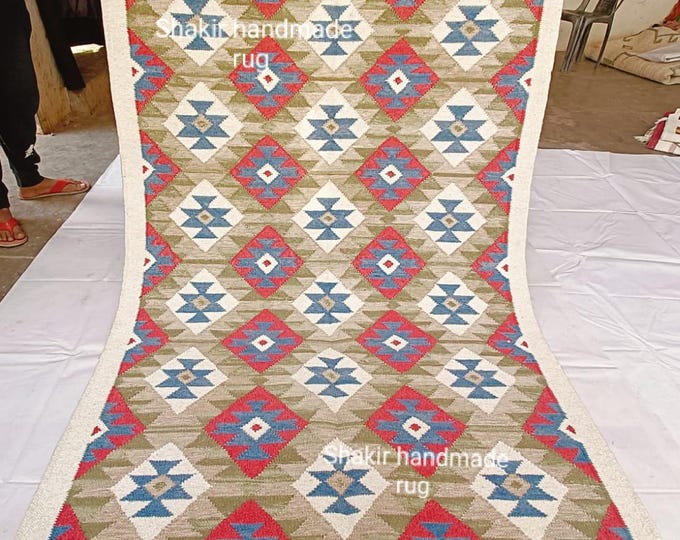 Handmade Kilim Wool Rug: Boho Tribal Geometric Decor