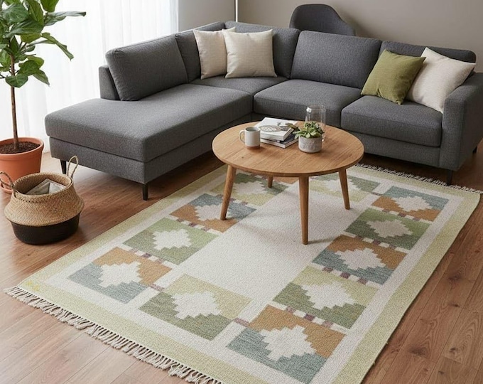 Handwoven Green Kilim Rug, Scandinavian Flat Weave Area Rug, Modern Geometric Boho Carpet, Living Room Dining Rug