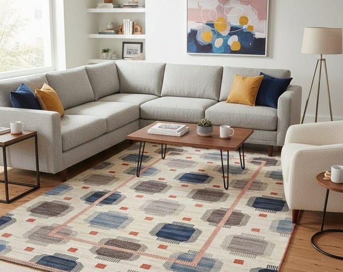 Handmade Kilim Rug, Modern Geometric Wool Dhurrie, Flat Weave Area Rug, Scandinavian Style Rug for Living Room Bedroom