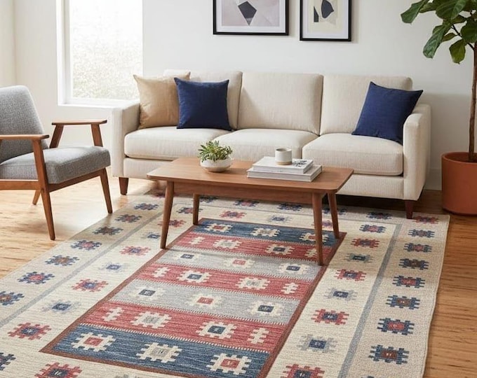 Handwoven Kilim Rug, Vintage Geometric Scandinavian Carpet