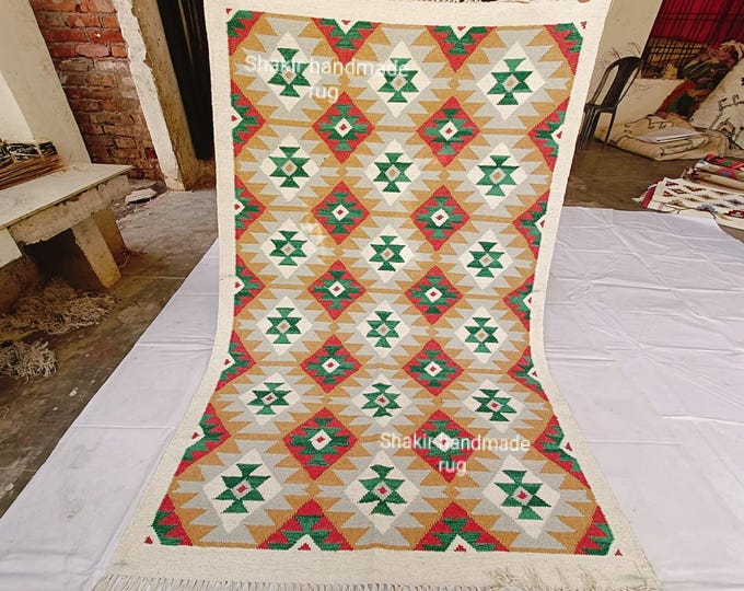 Handmade Kilim Wool Rug: Boho Tribal Geometric Decor