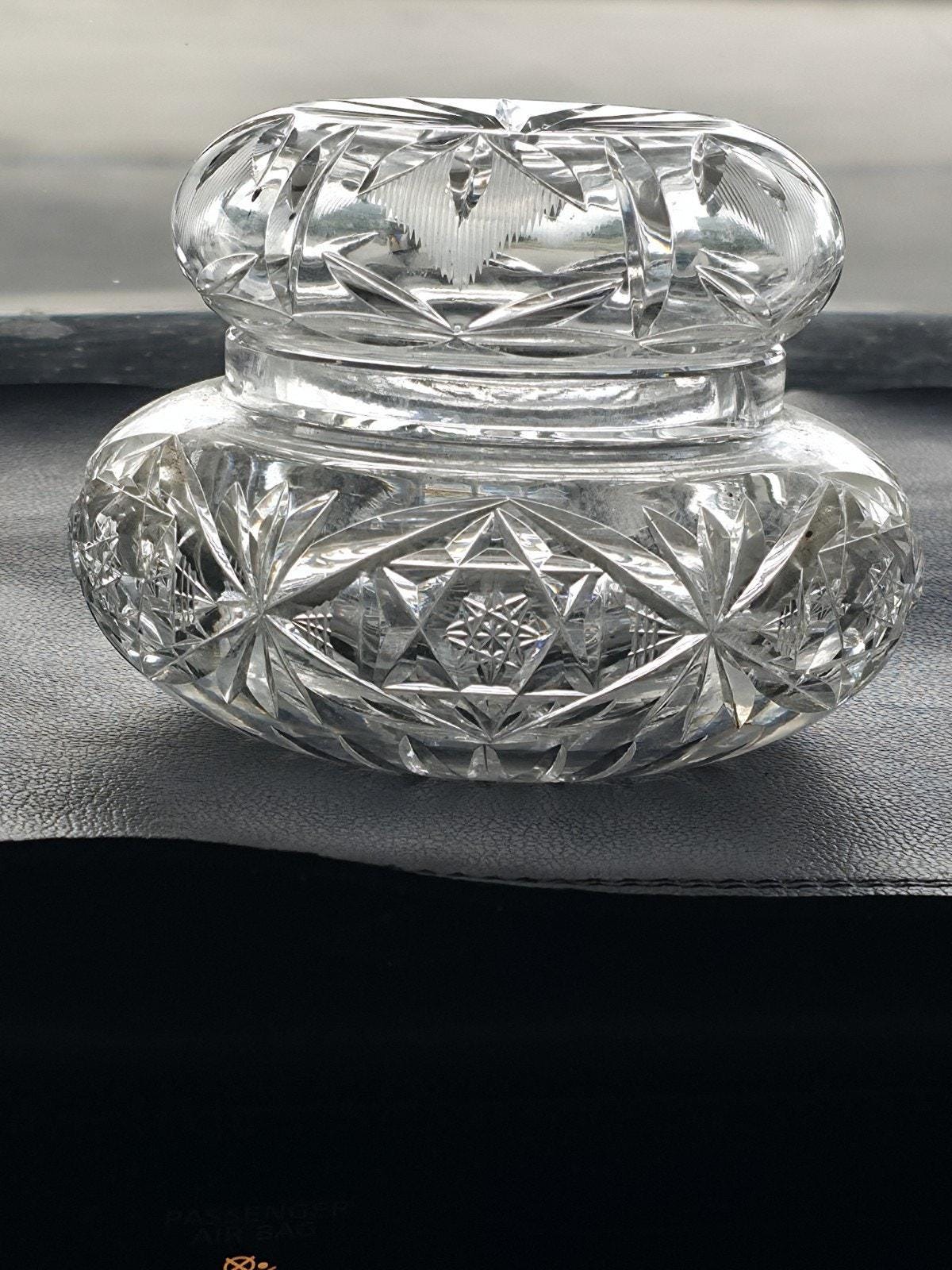 Antique American Brilliant Cut Powder Jar w Lid Hobstar Crystal Dress 1890-1920