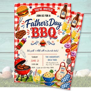 May include: Father's Day BBQ invitation with a red and white checked pattern. The design features illustrations of barbecue food, drinks, and the text "You're Invited!" and "Father's Day BBQ". The invitation also includes event details.