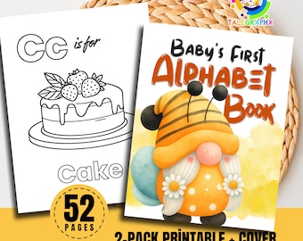 Alphabet Coloring Book Baby Shower Yellow Gnome Activity, First ABC Book English for Toddlers, Kindergarten Worksheets