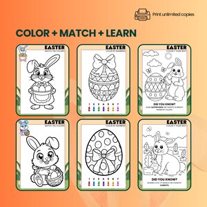 May include: Six Easter activity sheets with line drawings of eggs and rabbits. The sheets include prompts such as "Color by Numbers" and "Match the Colors." The text "Color + Match + Learn" is at the top, with a printer icon and text "Print unlimited copies".