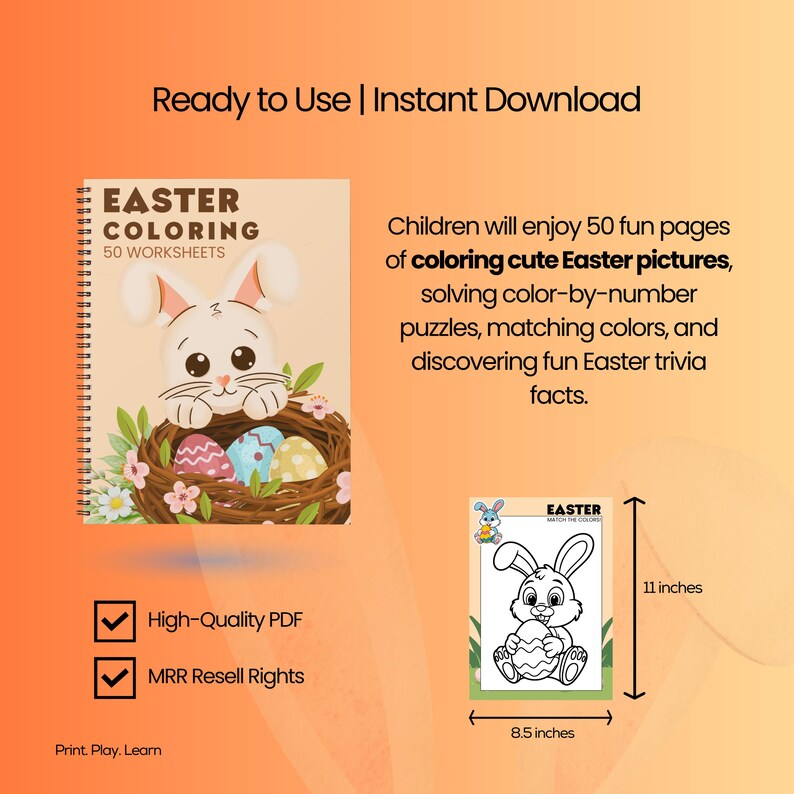 May include: Easter colouring book with 50 worksheets. The cover shows a cartoon bunny with eggs in a nest. The book includes colouring pages, puzzles, and trivia. The image also shows a sample page, 21.6 x 27.9 cm.
