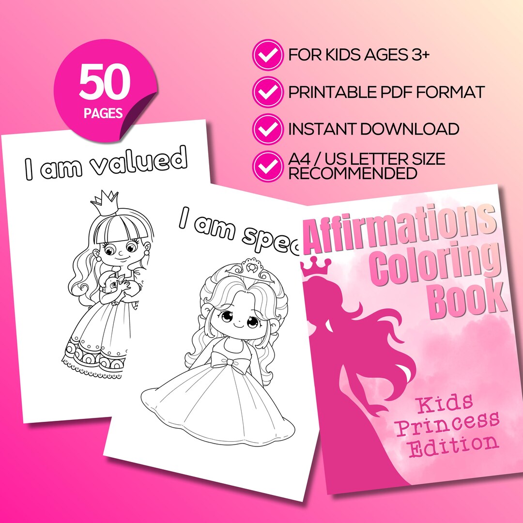 Positive Affirmation Coloring Pages for Kids, Printable Princess ...