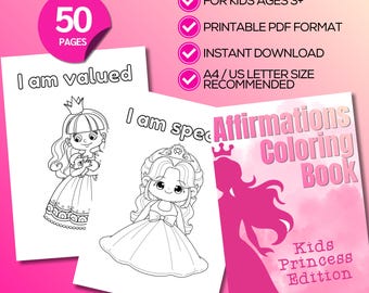 Pagine da colorare con affermazioni positive per bambini, libro da colorare di principesse stampabile, citazioni sull'amor proprio, consapevolezza