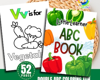 Baby Shower ABC Coloring Pages Fruits and Vegetables Alphabet Book, Baby’s First English ABC Book Gift Printable Interactive Activity