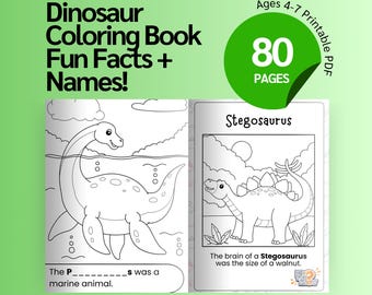 Simple Dinosaur Coloring Pages for Kids, Dino Fun Facts Activity Book, Animal Coloring Cards