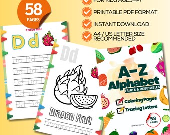 Fruits and Vegetables Coloring Pages for Kids, ABC Alphabet Coloring Book, Printable Color Activity