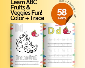 Fruits and Vegetables Coloring Pages for Kids, ABC Alphabet Coloring Book, Printable Color Activity