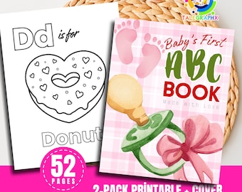 Baby Shower ABC Coloring Book Pink Pacifier Theme, Alphabet Printable Pages for Kids, Workbook Templates