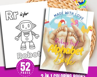 Little Feet Big Adventures Baby Shower ABC Pages Printed, Baby’s First Alphabet Coloring Book, Keepsake Gift for Baby
