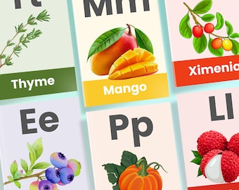Fruits and Vegetables Cards, Montessori Alphabet Flashcards, Educational Printable Vocabulary Cards, Large Nature ABC Learning Cards