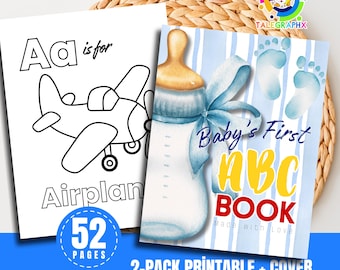 Baby’s First ABC Book Coloring Pages Digital for Kids, Alphabet Baby Shower Game, Printable Activity Sheets