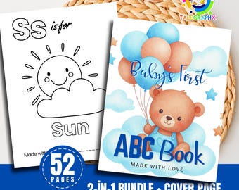 2-PACK Baby’s First ABC Worksheets, Baby Shower Coloring Pages for Boy and Girl Boho Baby Bear ABC Book Printable, Montessori Alphabet