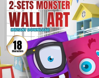 Playful Monster Face Wall Art Set: Nursery Printable Bedroom Posters, Game Room Decor