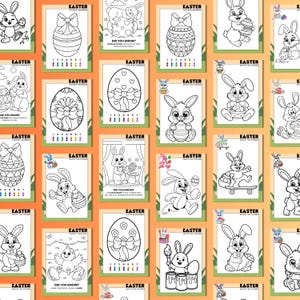 May include: A selection of Easter-themed colouring pages. Each page features a black and white illustration of Easter eggs and bunnies. The pages include the word "Easter" and "Color by Number".