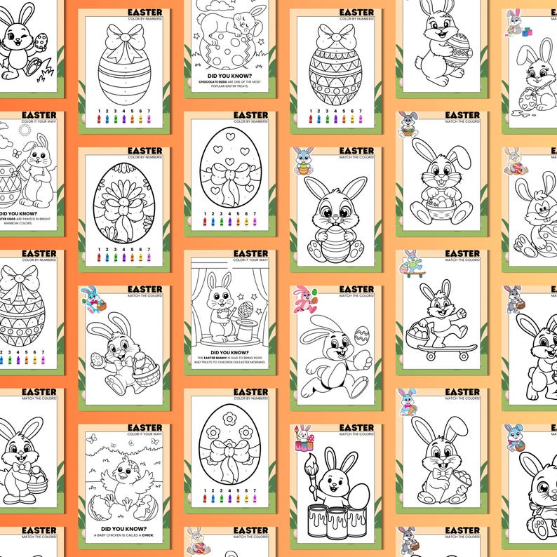 May include: A selection of Easter-themed colouring pages. Each page features a black and white illustration of Easter eggs and bunnies. The pages include the word "Easter" and "Color by Number".