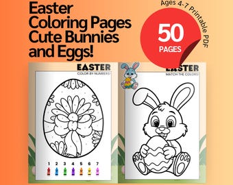 Happy Easter Activity for Kids: Coloring Pages, Color by Number, Matching Colors, Printable Bunny