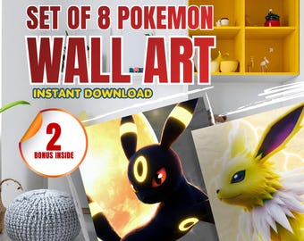 Set of 8 Pokemon Nursery Wall Art: Minimalist Printable Eeveelutions Poster, Kids Room Decor