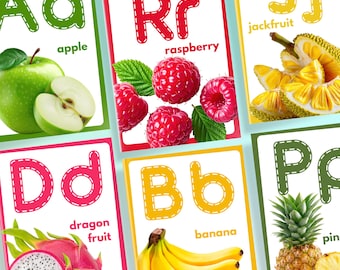 Printable Alphabet Flash Cards, Real Pictures of Fruits and Vegetables Flashcards, ABC Nursery Decor