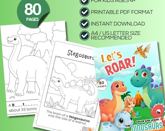 Simple Dinosaur Coloring Pages for Kids, Dino Fun Facts Activity Book, Animal Coloring Cards