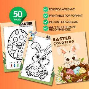 May include: Three Easter-themed coloring books. One features an egg with a bow, another a bunny holding an egg, and the third a bunny in a nest with decorated eggs. The books are labeled "Easter Coloring" with 50 pages and "Color by Numbers".