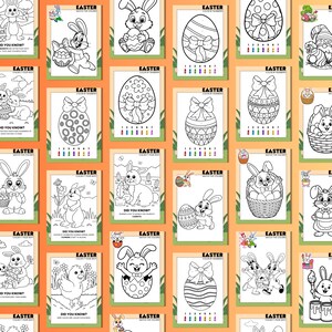 May include: A selection of Easter-themed colouring pages with images of bunnies, decorated eggs, and chicks. Each page has the word "Easter" and "Color It Your Way" printed on it. The pages are designed for children to colour.