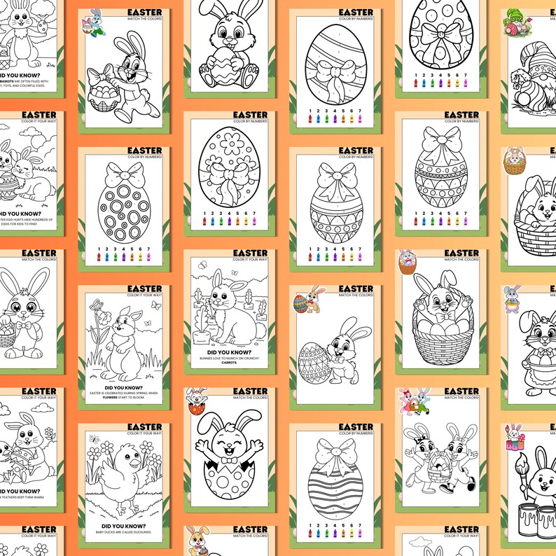May include: A selection of Easter-themed colouring pages with images of bunnies, decorated eggs, and chicks. Each page has the word "Easter" and "Color It Your Way" printed on it. The pages are designed for children to colour.