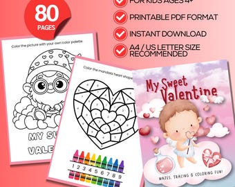 Libro para colorear de San Valentín para niños, páginas para colorear de San Valentín estilo kawaii, palabras para trazar, animales de cupcakes para imprimir.