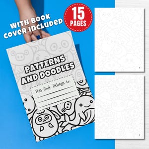 May include: A coloring book titled Patterns and Doodles with a black and white cover featuring cartoon characters and a space for a name. The book includes 15 pages with line art illustrations of space elements, animals, and various creatures.