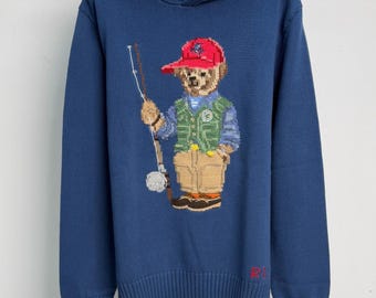 Polo Ralph Lauren Polo Fishing Bear Bomull Stickad Blå TRÖJA HERR S M L