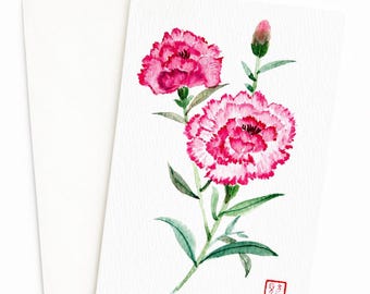 Tarjeta de felicitación con claveles, tarjeta floral pintada a mano, tarjeta para el Día de la Madre, tarjeta de agradecimiento, tarjeta botánica minimalista, tarjeta en blanco hecha a mano.