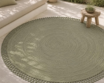 Sage Green Round Jute Rug, Handmade Braided Area Rug with Loop Fringe Decor